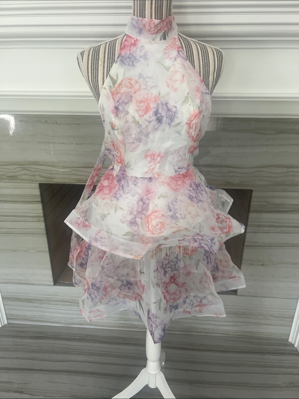 Floral Halter Ruffle Organza Dress — Pastel Pink & Lavender